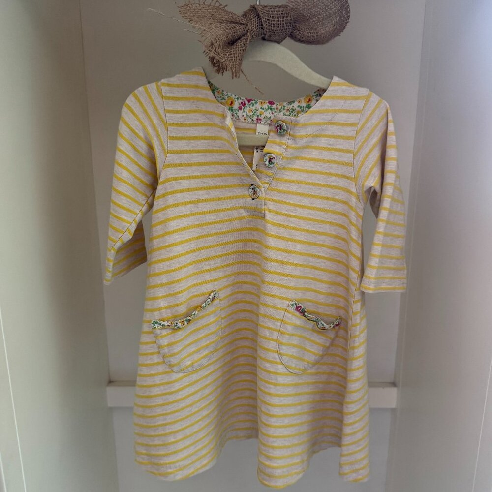 Sunny Landscape Yellow Striped Dress w/Floral Accents, girls size 95 (3t)